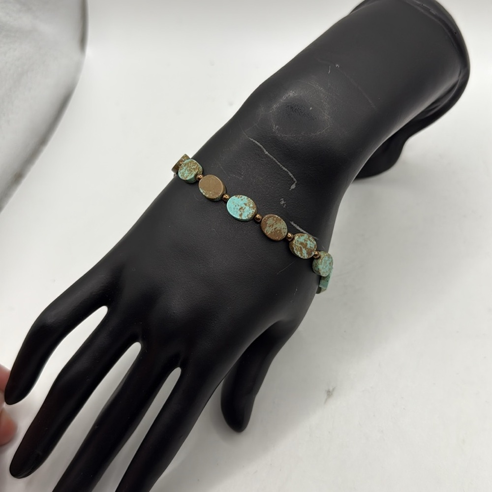 Turquoise Blue Brown Natural Flat Stone Beaded Bracelet Bangle Jewelry